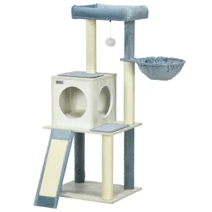 Cat Tree w/ Scratching Posts, Hammock, Bed, House, 114cm - Grey Blue