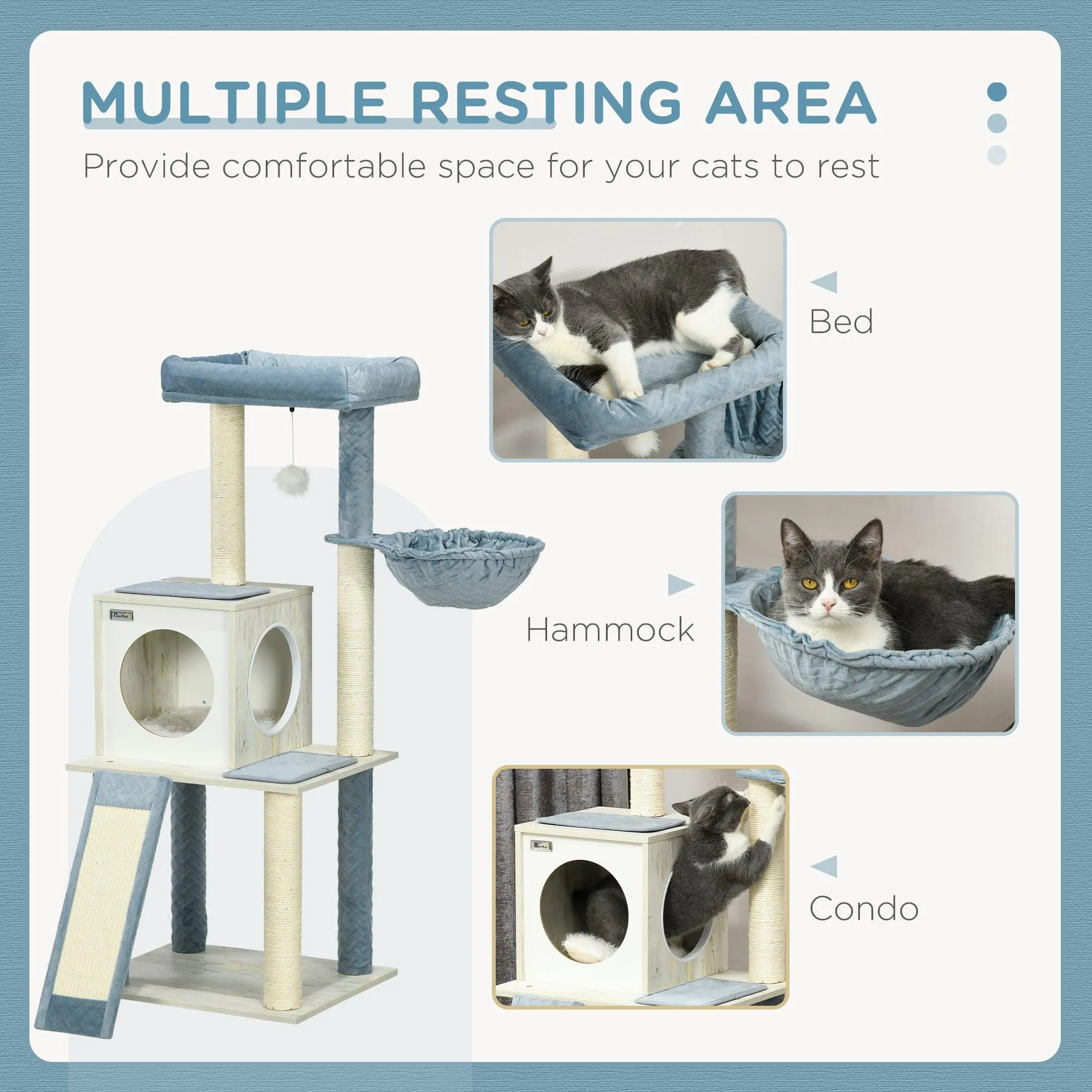 Cat Tree w/ Scratching Posts, Hammock, Bed, House, 114cm - Grey Blue