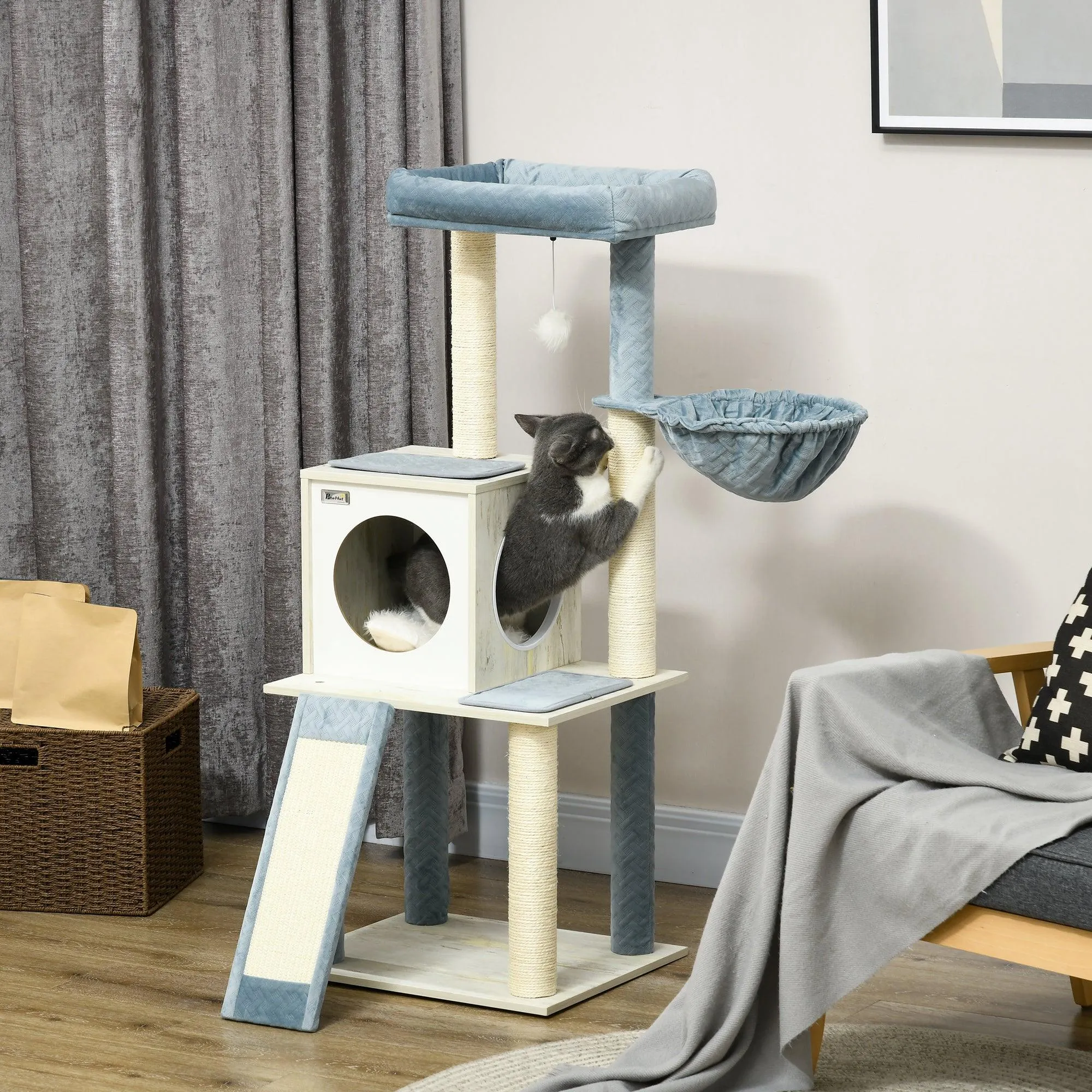 Cat Tree w/ Scratching Posts, Hammock, Bed, House, 114cm - Grey Blue