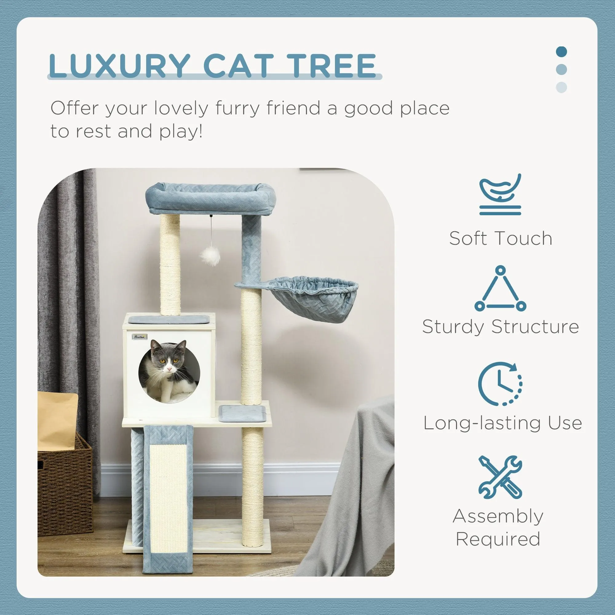Cat Tree w/ Scratching Posts, Hammock, Bed, House, 114cm - Grey Blue