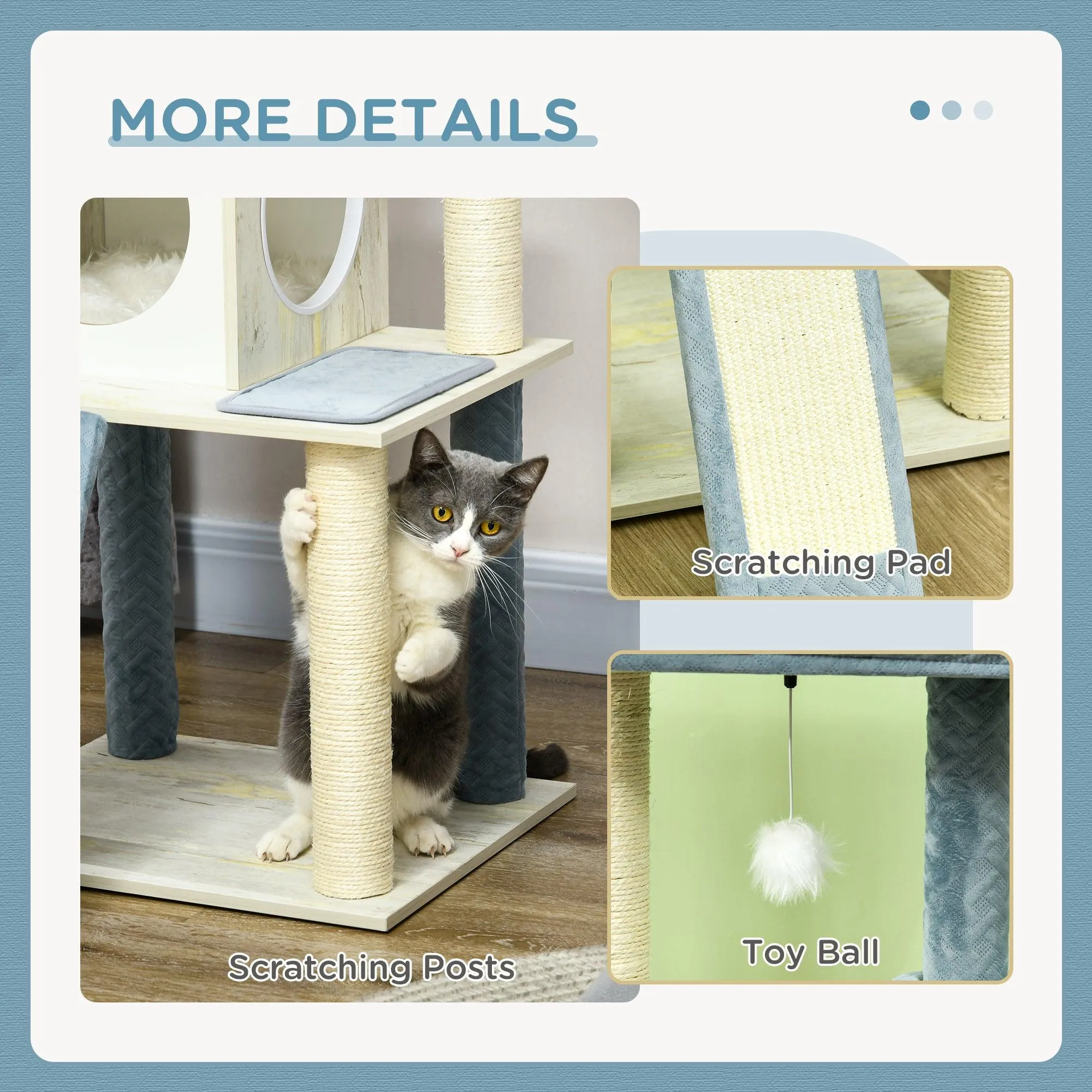 Cat Tree w/ Scratching Posts, Hammock, Bed, House, 114cm - Grey Blue