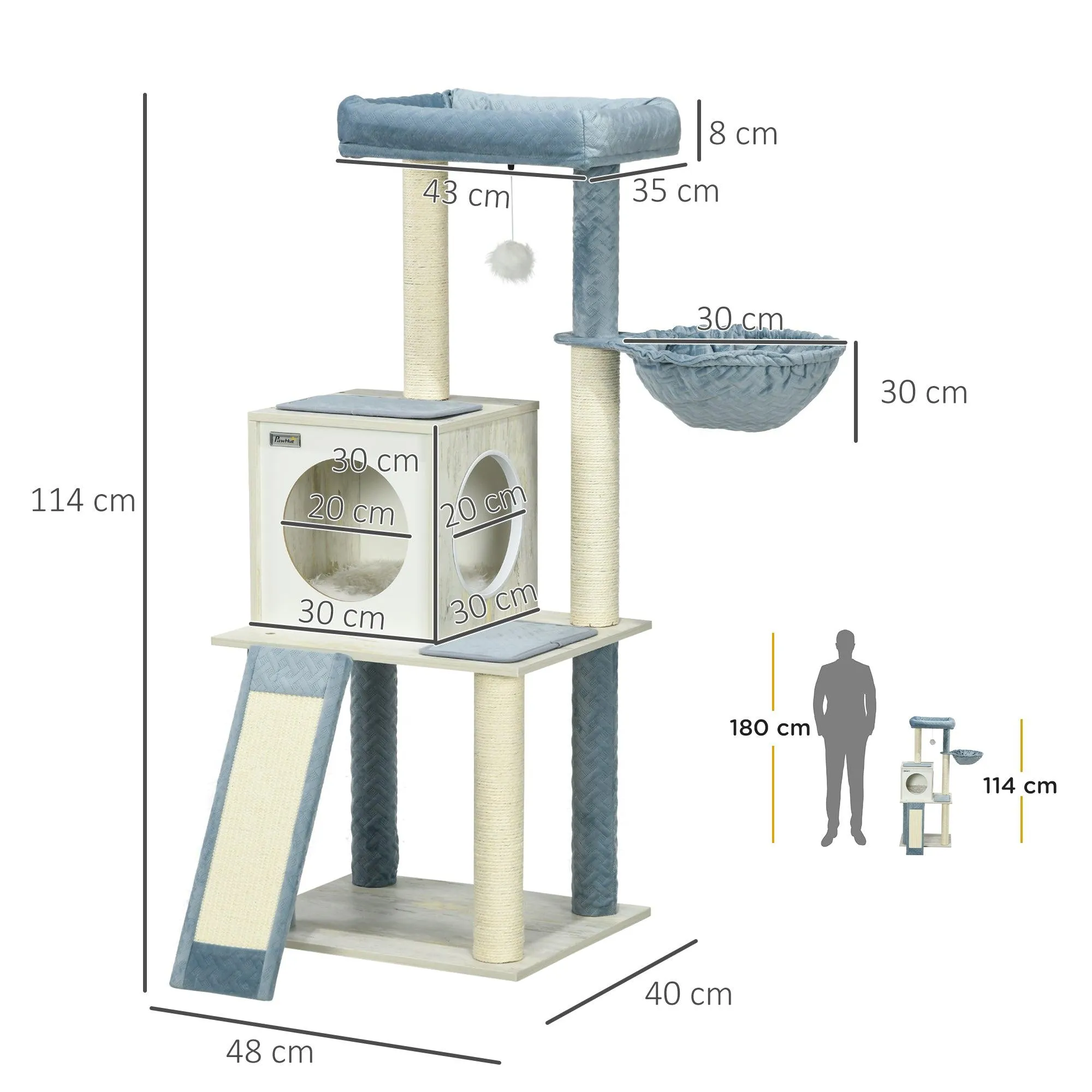 Cat Tree w/ Scratching Posts, Hammock, Bed, House, 114cm - Grey Blue