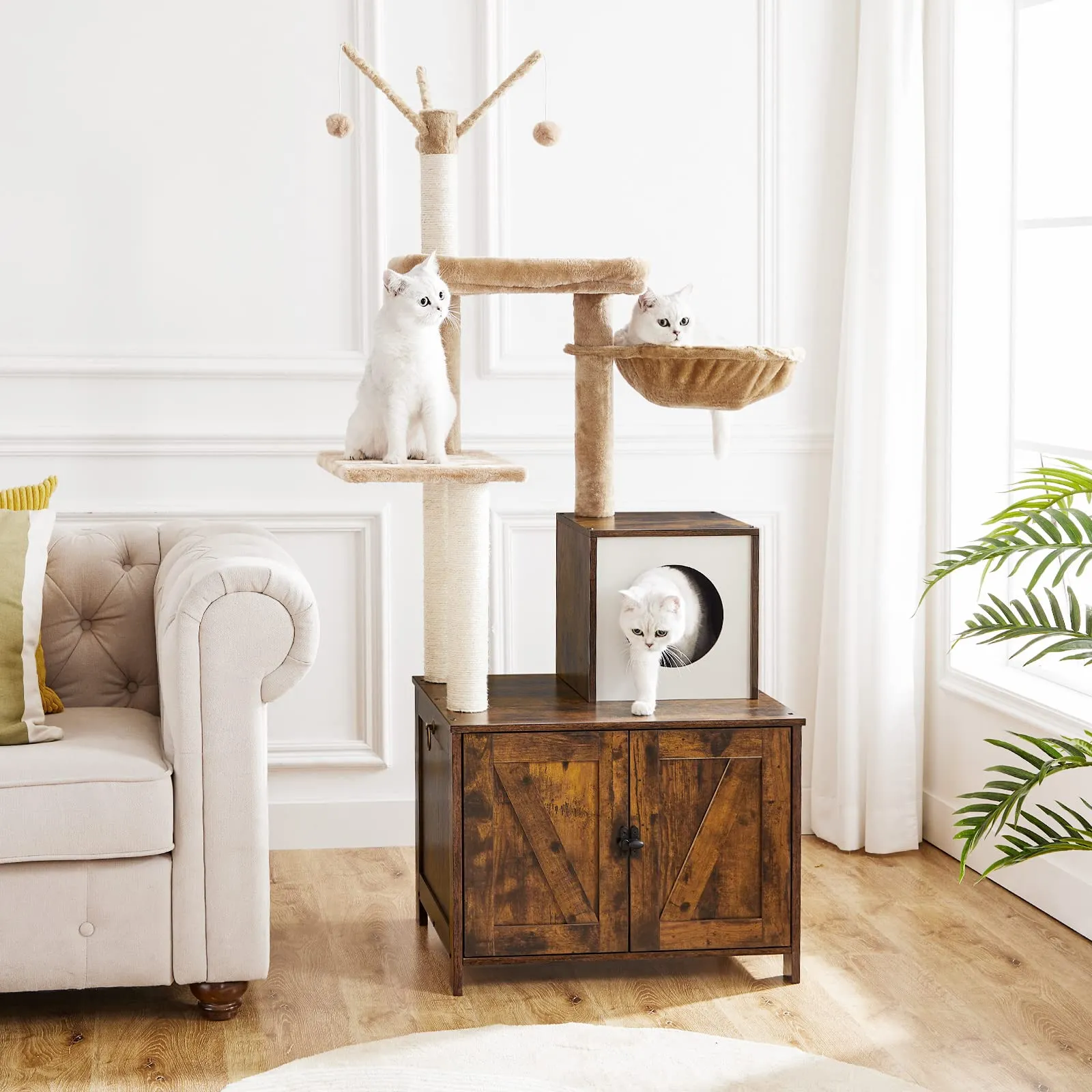 Cat Tree with Litter Box Enclosure for Indoor Cats, Wooden Cat Condo with Scratching Posts