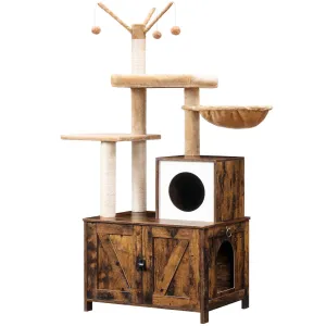 Cat Tree with Litter Box Enclosure for Indoor Cats, Wooden Cat Condo with Scratching Posts