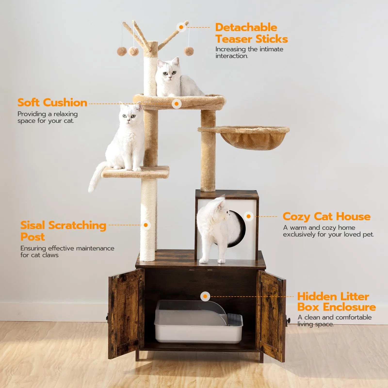 Cat Tree with Litter Box Enclosure for Indoor Cats, Wooden Cat Condo with Scratching Posts