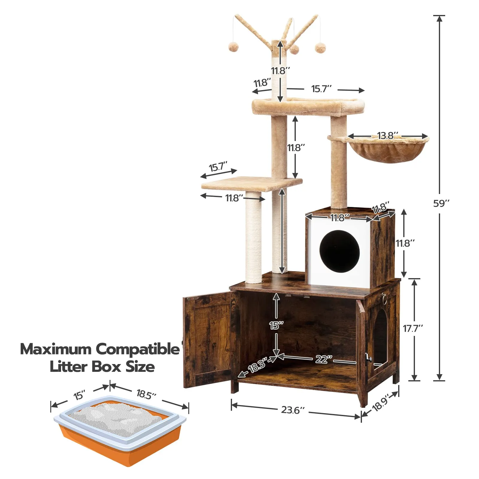 Cat Tree with Litter Box Enclosure for Indoor Cats, Wooden Cat Condo with Scratching Posts