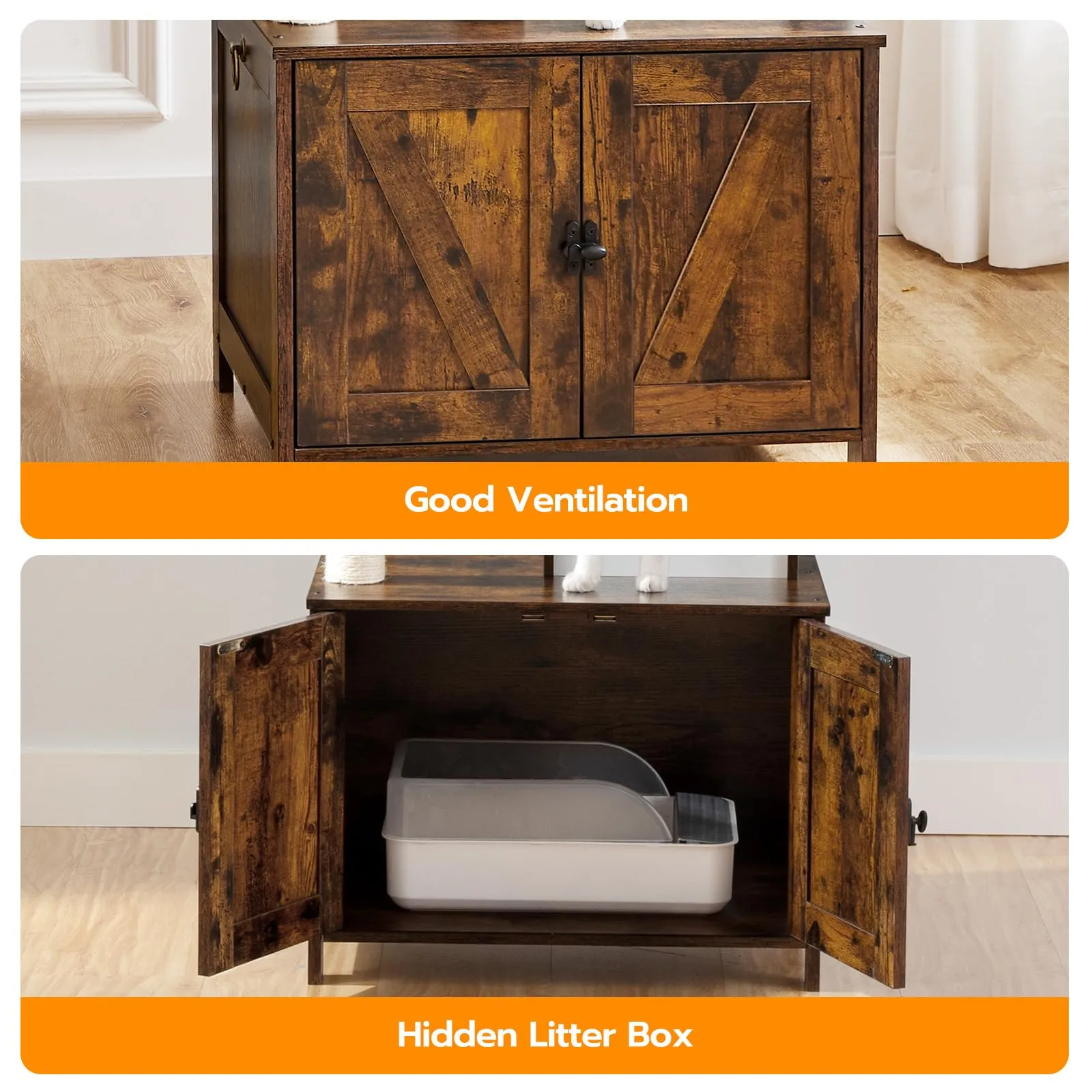 Cat Tree with Litter Box Enclosure for Indoor Cats, Wooden Cat Condo with Scratching Posts