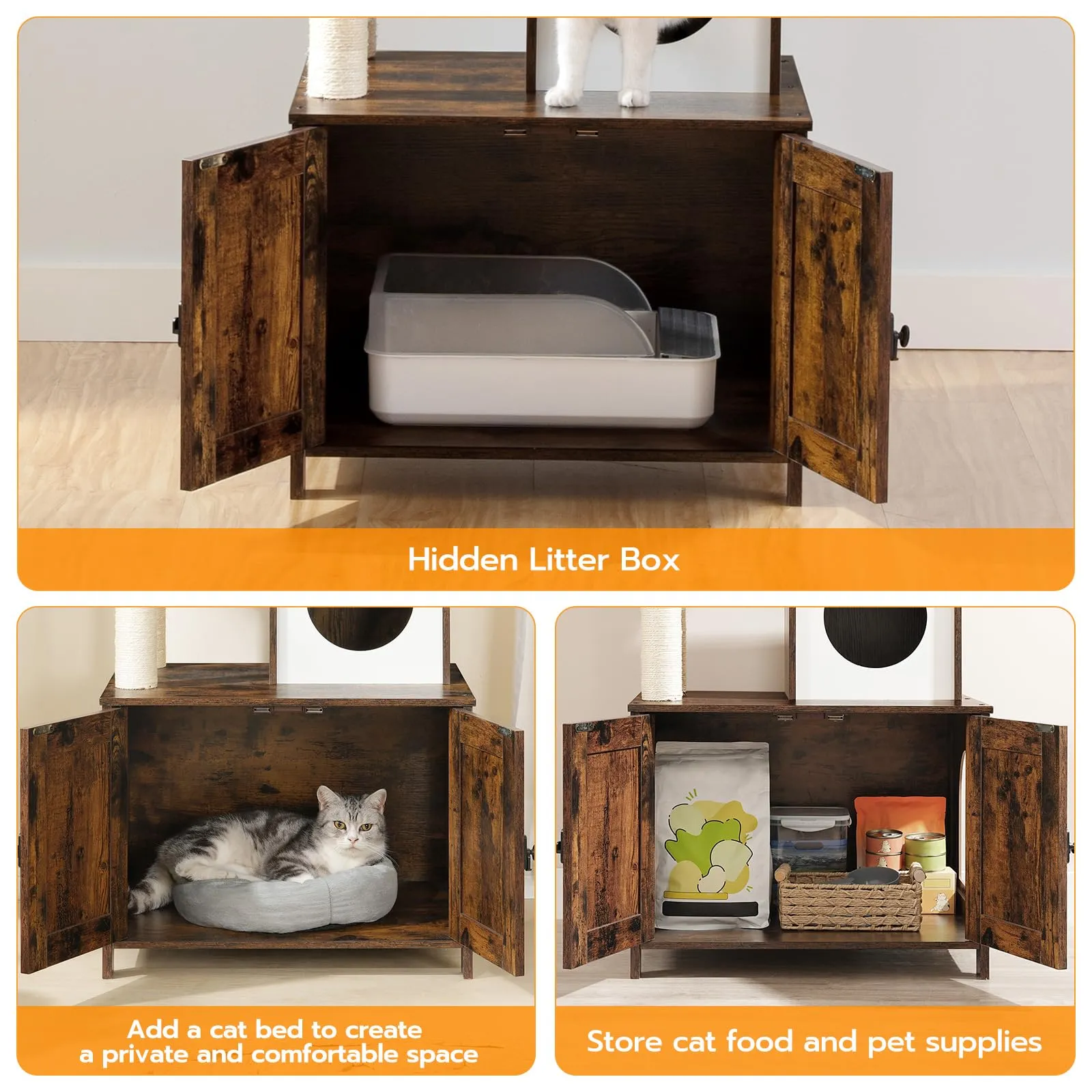 Cat Tree with Litter Box Enclosure for Indoor Cats, Wooden Cat Condo with Scratching Posts