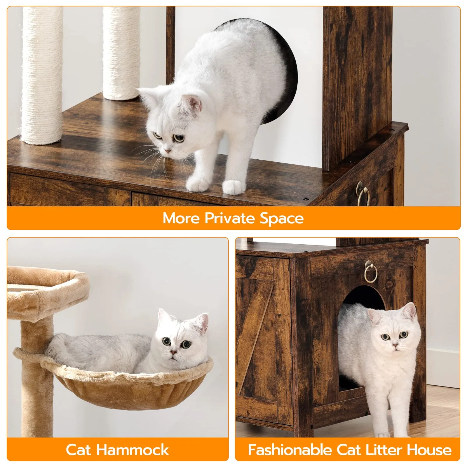 Cat Tree with Litter Box Enclosure for Indoor Cats, Wooden Cat Condo with Scratching Posts