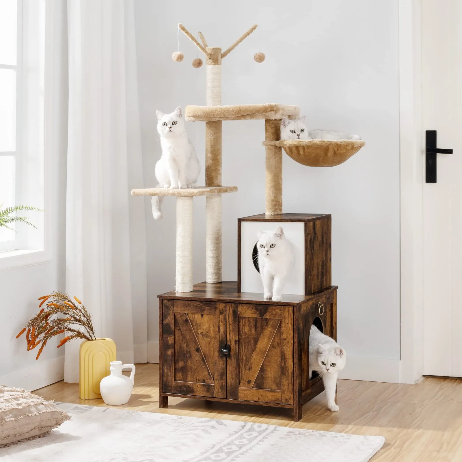 Cat Tree with Litter Box Enclosure for Indoor Cats, Wooden Cat Condo with Scratching Posts