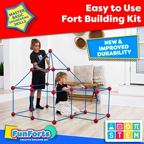 Fun Forts Kids Tent for Kids - 81 Pack STEM Toys Fort Building Kit, Building Toys Play Tent Indoor and Outdoor Playhouse for Kids Construction Toys with 53 Rods and 28 Spheres (Red, Blue)