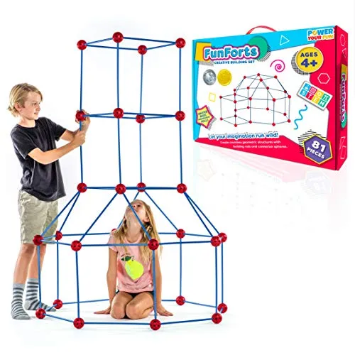 Fun Forts Kids Tent for Kids - 81 Pack STEM Toys Fort Building Kit, Building Toys Play Tent Indoor and Outdoor Playhouse for Kids Construction Toys with 53 Rods and 28 Spheres (Red, Blue)