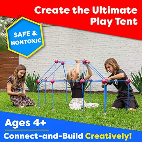 Fun Forts Kids Tent for Kids - 81 Pack STEM Toys Fort Building Kit, Building Toys Play Tent Indoor and Outdoor Playhouse for Kids Construction Toys with 53 Rods and 28 Spheres (Red, Blue)