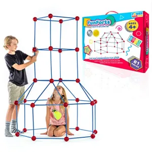 Fun Forts Kids Tent for Kids - 81 Pack STEM Toys Fort Building Kit, Building Toys Play Tent Indoor and Outdoor Playhouse for Kids Construction Toys with 53 Rods and 28 Spheres (Red, Blue)