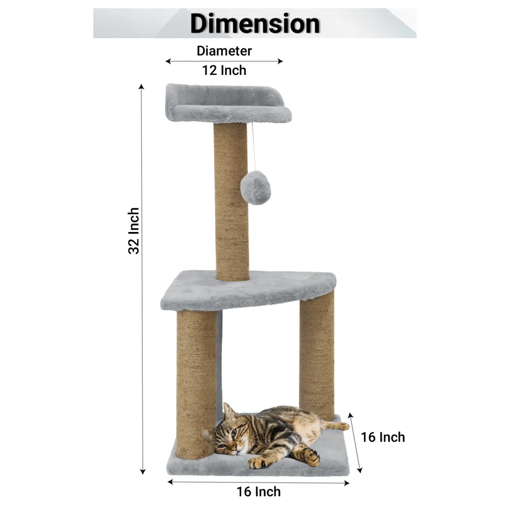 Hiputee Soft Fur Scratching Post Natural Sisal Rope Two Floor Tower Hanging Ball Toy for Cats