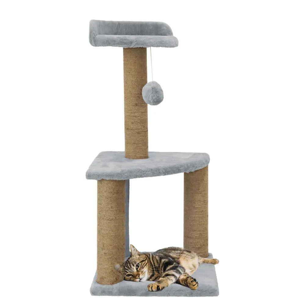 Hiputee Soft Fur Scratching Post Natural Sisal Rope Two Floor Tower Hanging Ball Toy for Cats