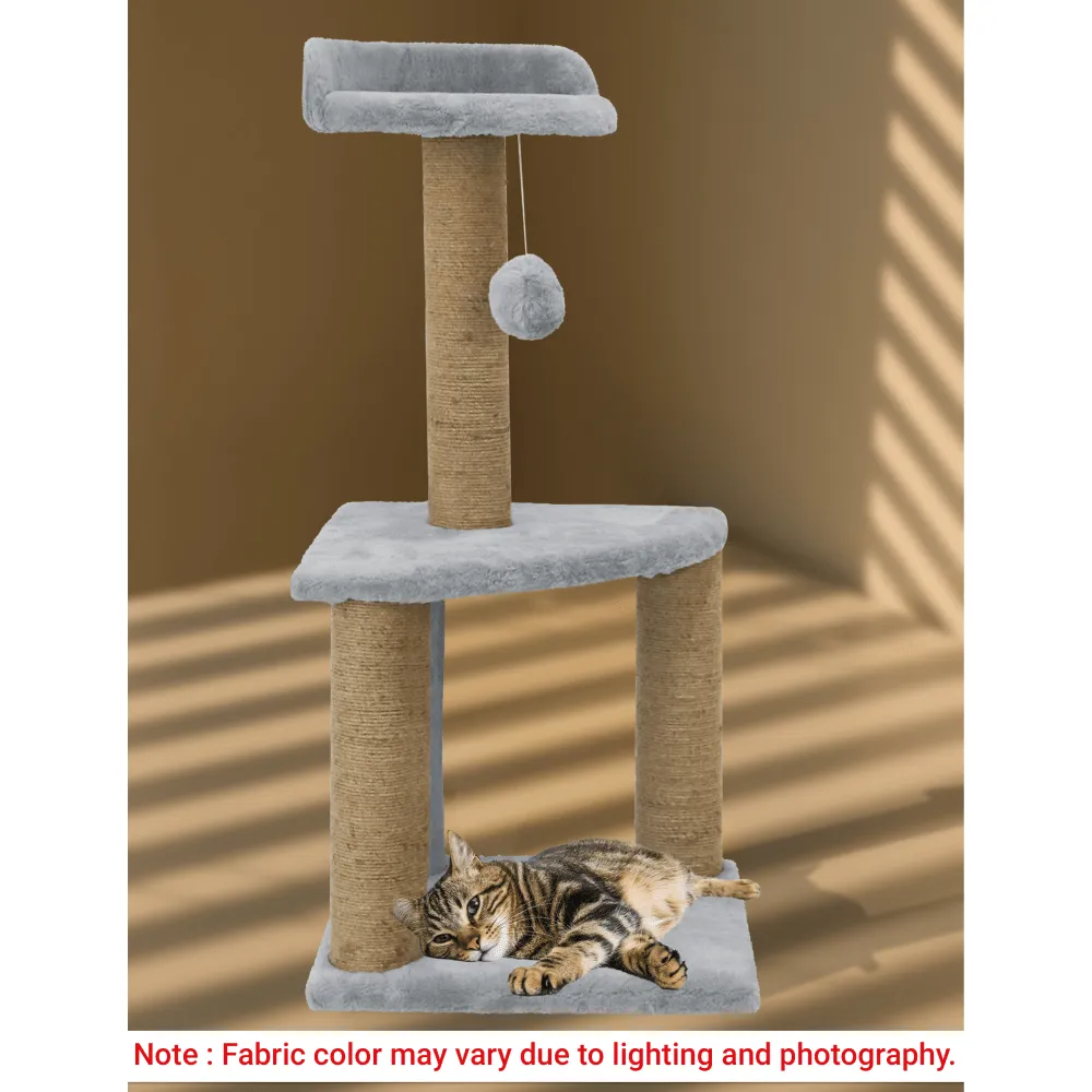 Hiputee Soft Fur Scratching Post Natural Sisal Rope Two Floor Tower Hanging Ball Toy for Cats
