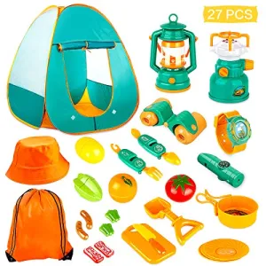 KAQINU 27 PCS Kids Camping Set, Pop Up Play Tent with Kids Camping Gear Toys, Indoor and Outdoor Camping Tools Pretend Play Set for Toddler Boys & Girls