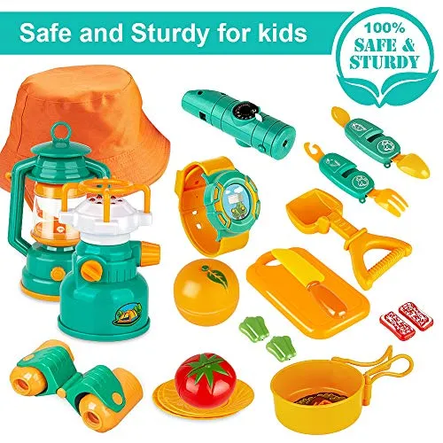KAQINU 27 PCS Kids Camping Set, Pop Up Play Tent with Kids Camping Gear Toys, Indoor and Outdoor Camping Tools Pretend Play Set for Toddler Boys & Girls