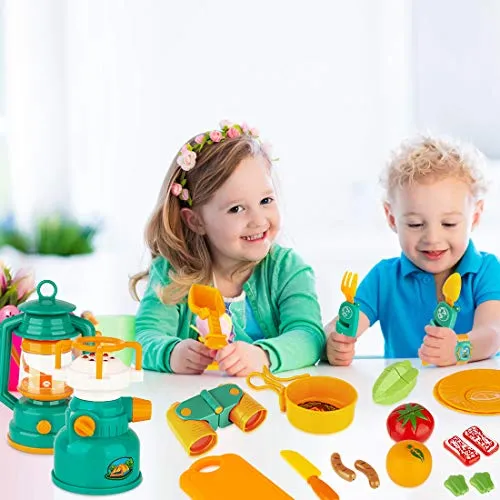 KAQINU 27 PCS Kids Camping Set, Pop Up Play Tent with Kids Camping Gear Toys, Indoor and Outdoor Camping Tools Pretend Play Set for Toddler Boys & Girls