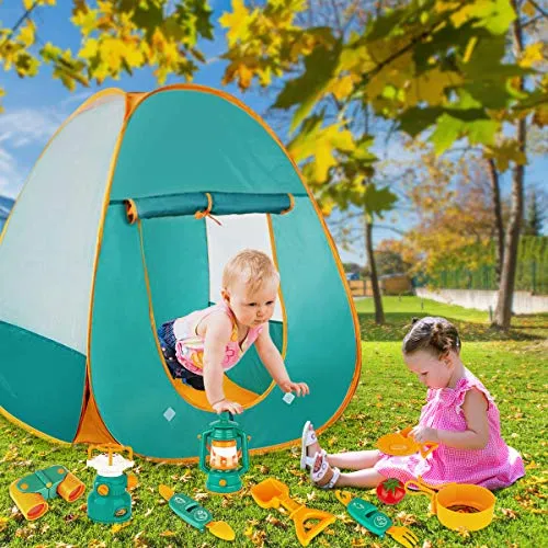 KAQINU 27 PCS Kids Camping Set, Pop Up Play Tent with Kids Camping Gear Toys, Indoor and Outdoor Camping Tools Pretend Play Set for Toddler Boys & Girls