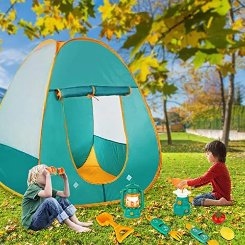 KAQINU 27 PCS Kids Camping Set, Pop Up Play Tent with Kids Camping Gear Toys, Indoor and Outdoor Camping Tools Pretend Play Set for Toddler Boys & Girls