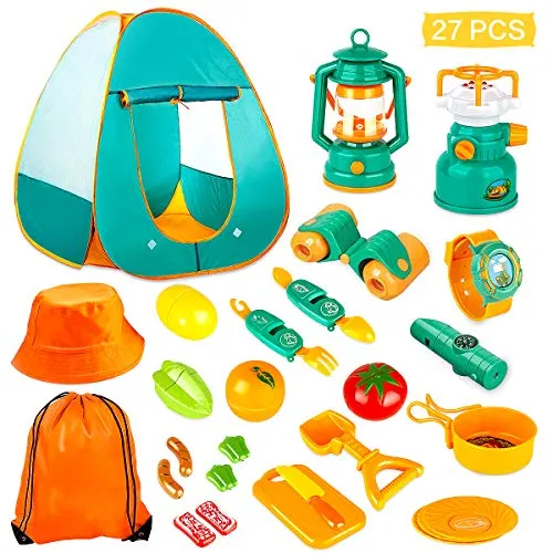 KAQINU 27 PCS Kids Camping Set, Pop Up Play Tent with Kids Camping Gear Toys, Indoor and Outdoor Camping Tools Pretend Play Set for Toddler Boys & Girls