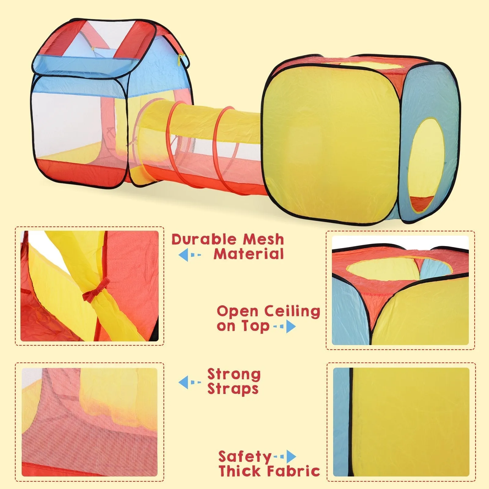 Pop Up House Tent Toddler Polyester 3 in 1 Play Tunnel Multi-Colour