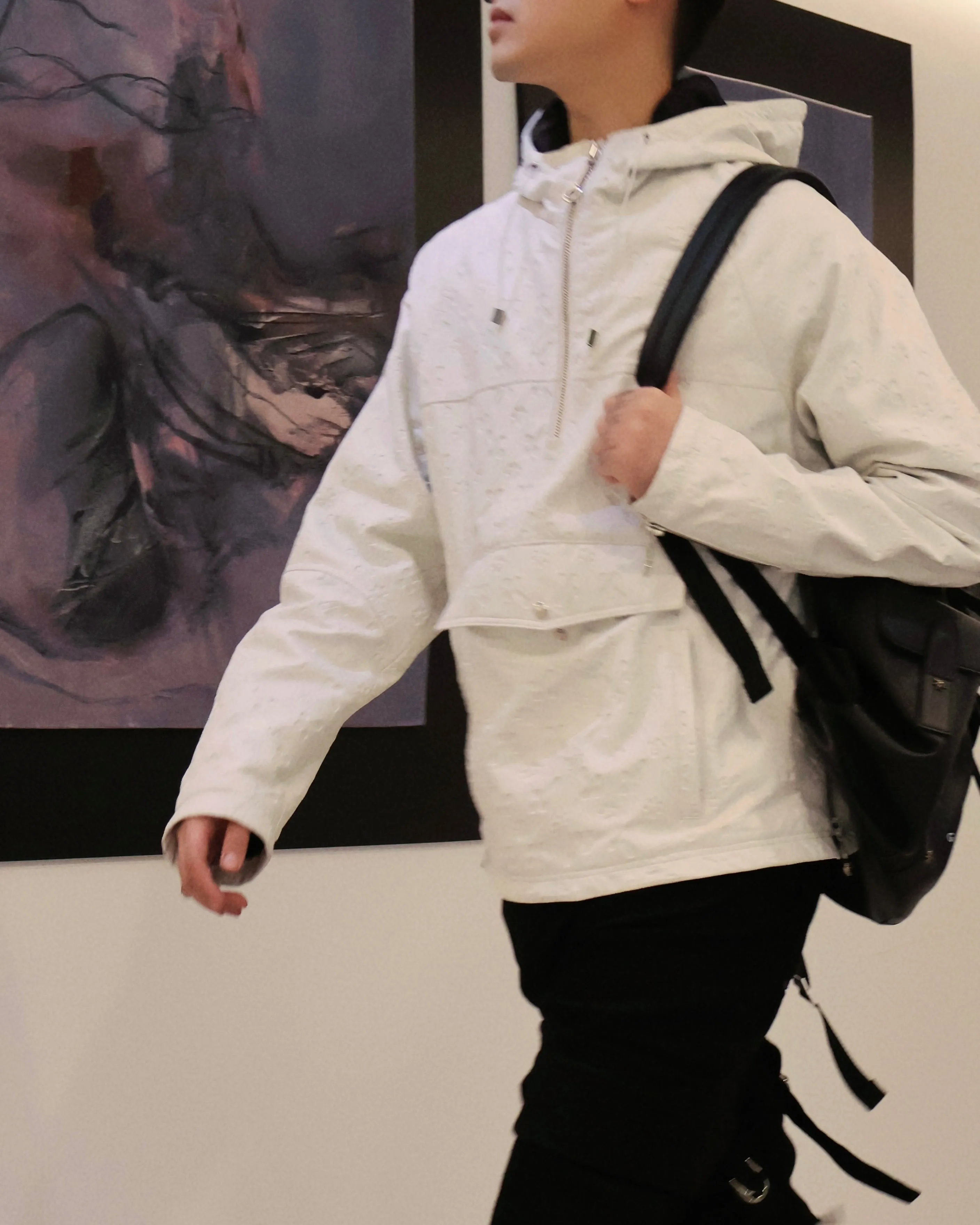 WHITE LEATHER HOODED PADDED JACKET