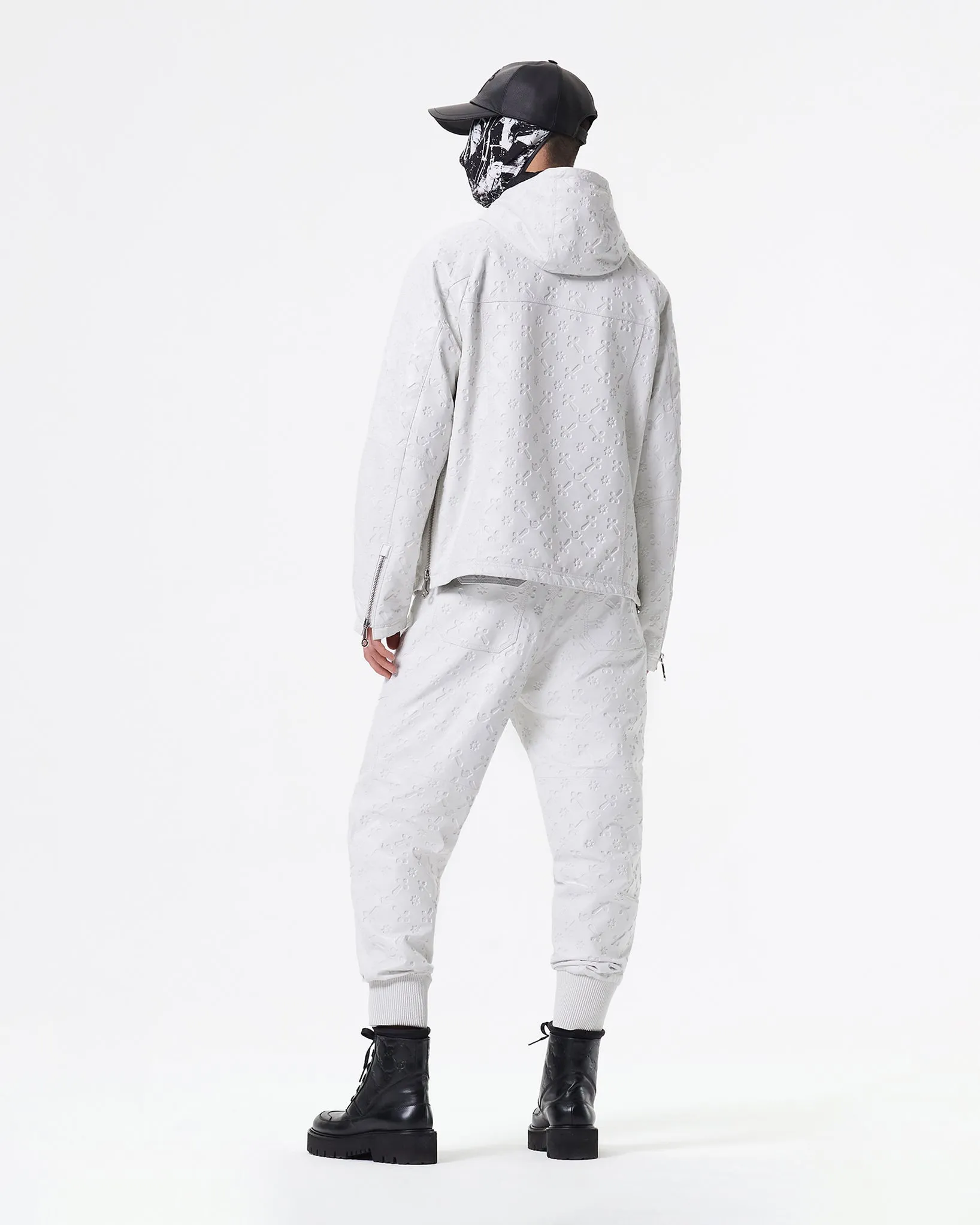 WHITE LEATHER HOODED PADDED JACKET