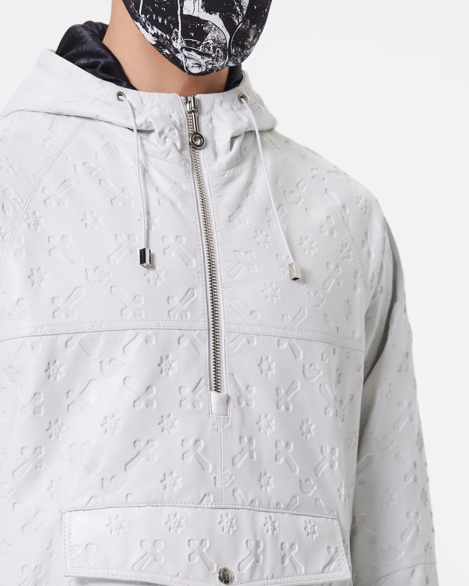 WHITE LEATHER HOODED PADDED JACKET