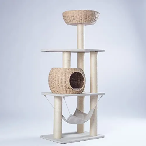 Wood Cat Tree for Indoor Cats, 52.4 Inch Tall, with Scratching Post and Hammock