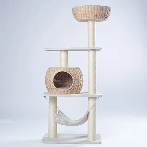Wood Cat Tree for Indoor Cats, 52.4 Inch Tall, with Scratching Post and Hammock