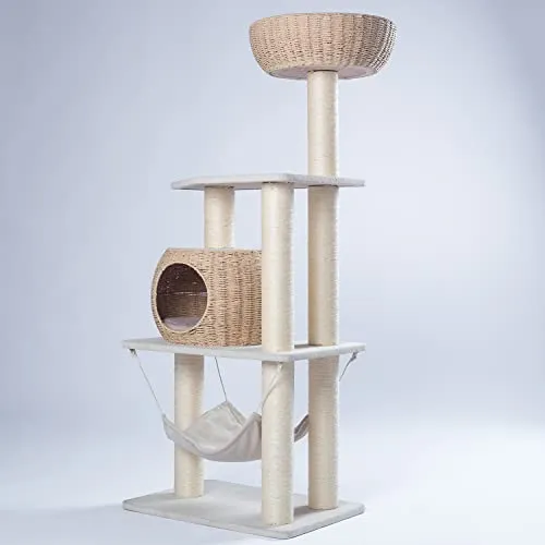 Wood Cat Tree for Indoor Cats, 52.4 Inch Tall, with Scratching Post and Hammock